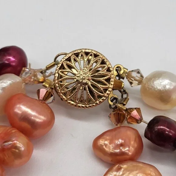 VTG 14/20 Gold Filled Clasp 3 Strand Red Peach Cream Pearl Statement Necklace - Picture 7 of 9